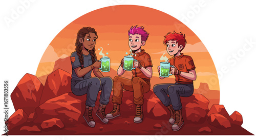 Friends enjoying drinks on a martian landscape at sunset in cartoon style