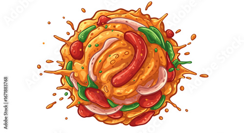 Explosion of flavorful pizza with pepperoni and vegetables on white background