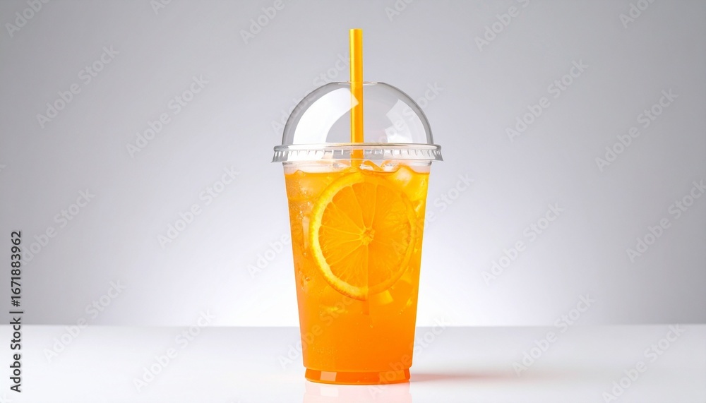 Fototapeta premium A clear plastic cup filled with orange juice sits against a light gray background. A dome lid, orange straw, and visible orange slice evoke freshness, simplicity, and vibrant visual charm.