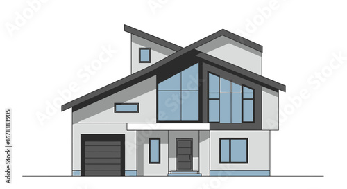 Architectural rendering of a modern two-story house with large windows and a garage.