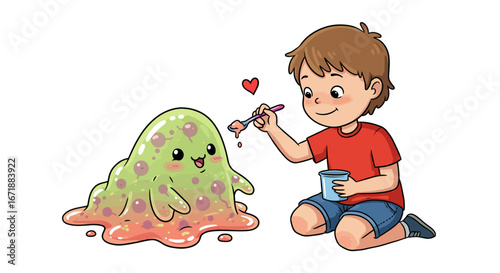 Cute boy feeding smiling blob monster with yogurt and heart on white background