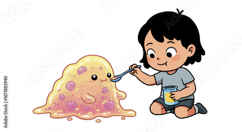 Cute child feeding adorable blob character with cheese snack in cartoon style