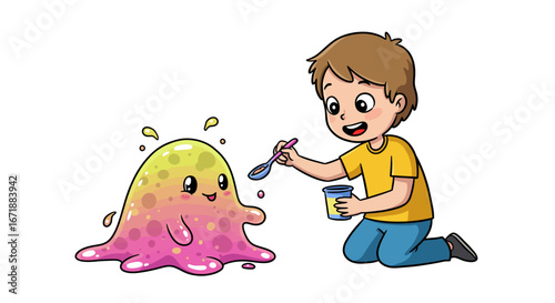 Child feeding friendly blob character with yogurt in fun cartoon style