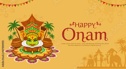 Illustration celebrating Happy Onam with Kathakali dancer face, pots, palm trees, floral design, bunting, and an elephant procession silhouette on a yellow background.