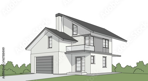 Architectural rendering of a modern two-story house with a garage, featuring a slanted roof, balcony, and clean lines against a white background with green foliage.