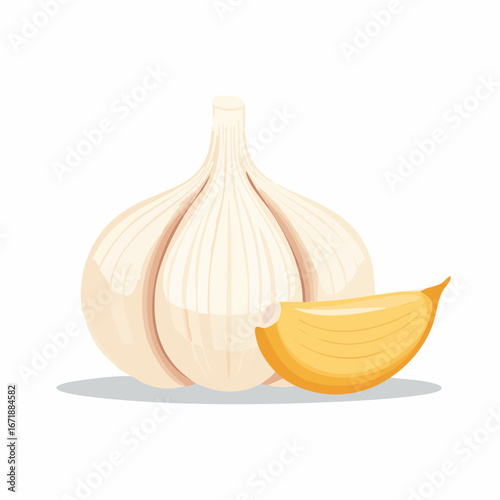 Fresh Garlic: A head of garlic and its clove is shown as fresh and raw, capturing the essence of this healthy food in a photorealistic. 