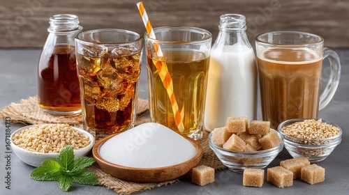 Refreshing array of low sugar drinks and beverages displayed on a table with ample copy space for text and design