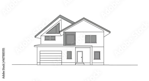 Two-story house architectural plan, showcasing a modern design with garage and dormer windows.