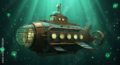 A beautifully rendered steampunk submarine explores the depths of a vivid ocean landscape