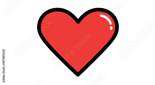 A simple, bright red heart shape with a black outline and a white highlight, isolated on white.