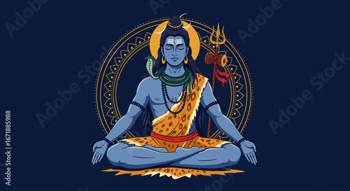 Illustration of the Hindu god Shiva in a meditative pose, adorned with a snake, trident, and tiger skin, set against a decorative circular background.