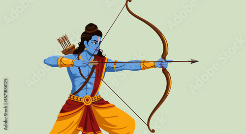 Illustration of Rama, a Hindu god, holding a bow and arrow, ready to shoot, with a quiver of arrows on his back.