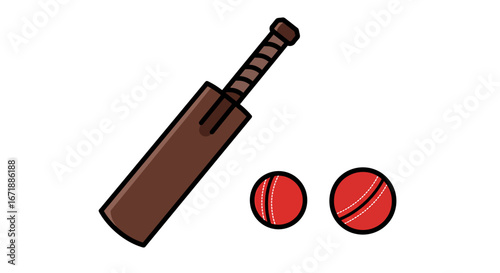 Cartoon illustration of a cricket bat and two cricket balls.