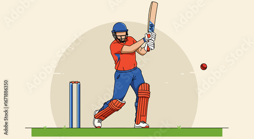Cricket player in action, hitting the ball with a bat, against a simple background.