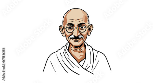 A digitally illustrated portrait of Mahatma Gandhi, a prominent Indian leader, against a white background.