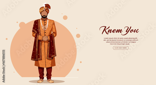 Illustration of a man in traditional Indian wedding attire, including a turban, sherwani, and shawl, standing against a beige background with decorative circles.