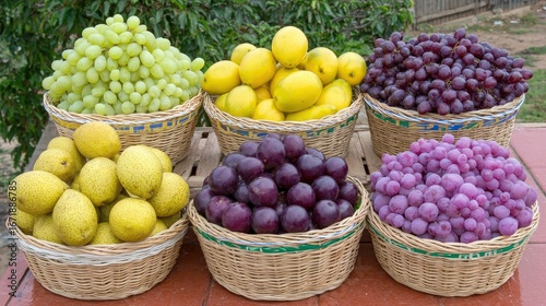 Assortment of colorful fruits arranged in baskets displayed naturally in a jungle setting surrounded by lush vegetation