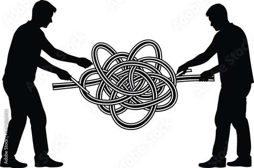 Silhouette men untangling rope knot teamwork concept vector art