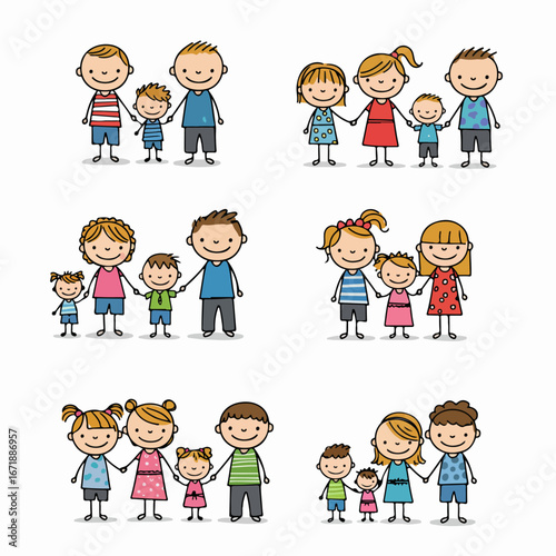 Happy cartoon children learning to tie shoelaces and develop fine motor skills, isolated on white background.