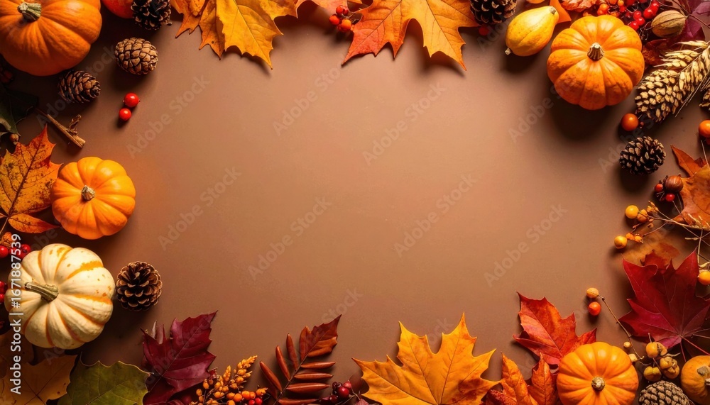Fototapeta premium fall harvest border with pumpkins and autumn leaves. A beautiful arrangement of pumpkins, autumn leaves, and pine cones in a cozy border