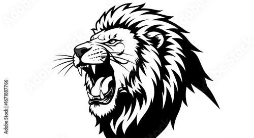 A black and white illustration of a roaring lion's head, showcasing its open mouth and mane.