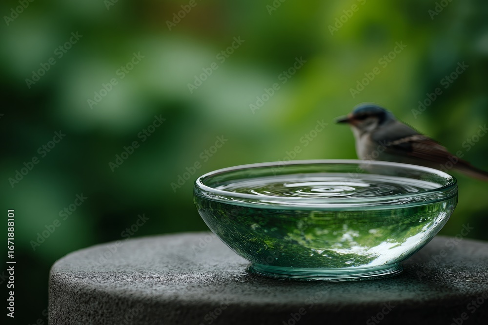 Obraz premium Bird perched by a glass bowl of water in a green garden.