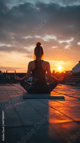 Silhouette of a woman practicing yoga in lotus pose on a rooftop at sunset, with warm golden light and cloudy sky, promoting peace and wellness.