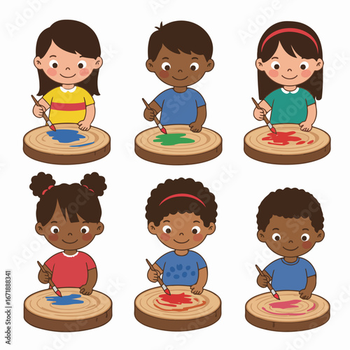 Happy cartoon kids playing with remote control cars. A collection of diverse children enjoying their toy vehicles and controllers, isolated on white background.