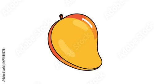 A vibrant cartoon illustration of a ripe mango, showcasing its smooth skin and curved shape on a white background.