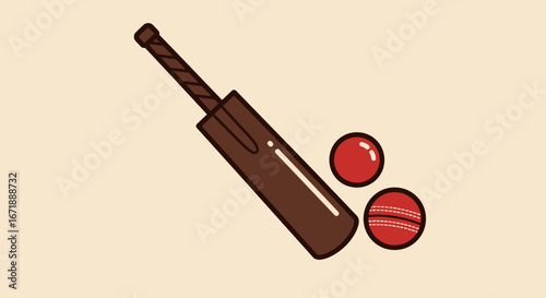 Simple illustration of a cricket bat and balls, ready for play.
