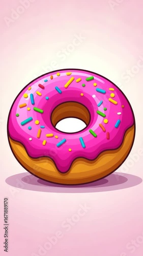 A vibrant, cartoon-style donut with pink icing and colorful sprinkles is presented against a soft pink background.