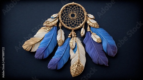 Luxurious dream catcher motif with elegant gold foil and dark blue background for bohemian home decor aesthetic