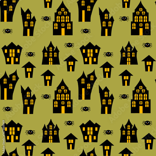 Seamless Pattern of Spooky Haunted Houses and Decorative Halloween Spiders