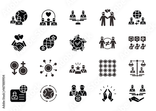 Diversity thin glyph icon set. Containing inclusion, equality, belonging, culture, tolerance.