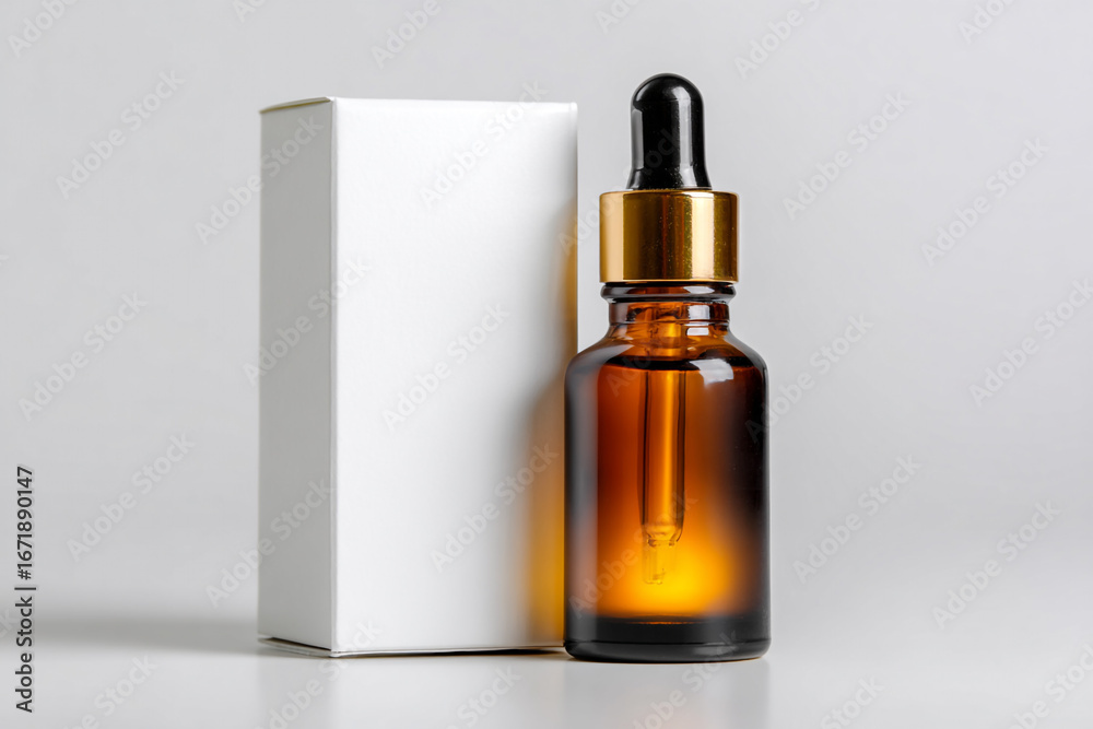 Amber glass bottle with dropper and white box on white background simple product packaging design Amber glass bottle with dropper and white box on white background simple product packaging design
