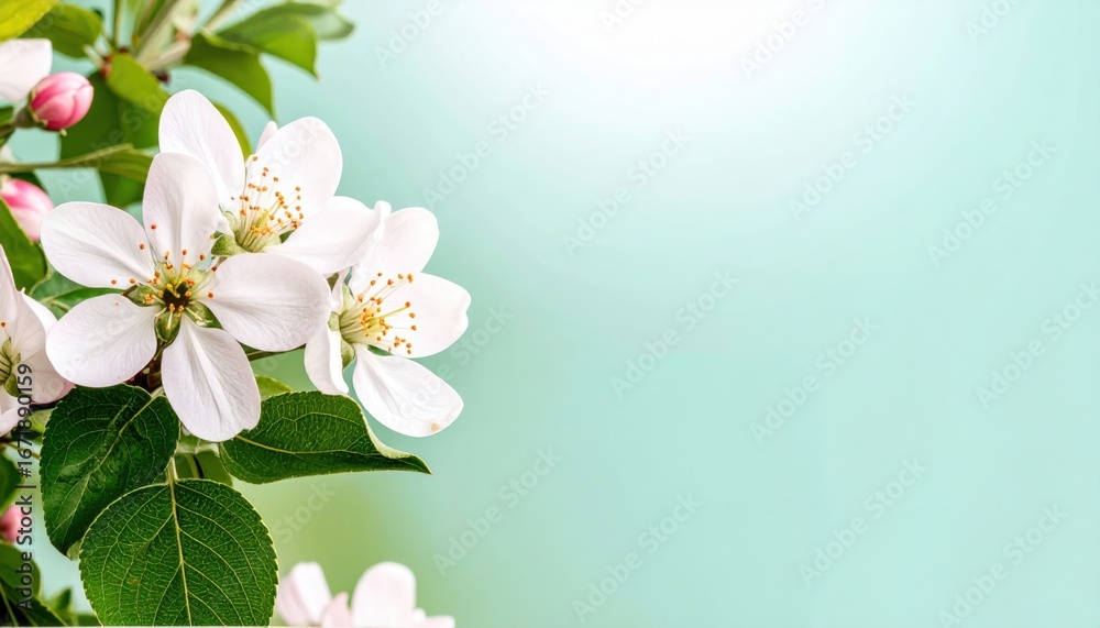 Fototapeta premium Blossom close-up, showcasing delicate petals, stems, and leaves against a soft-colored background
