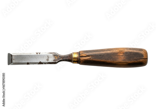 Old wooden handle chisel tool on transparent background