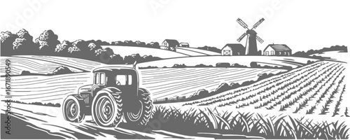 Rural farm landscape with tractor, Windmill and fields vector illustration
