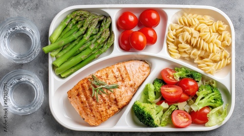 Plate of pasta and broccoli with nutritional labels showcasing a nutritious meal in a modern culinary setting