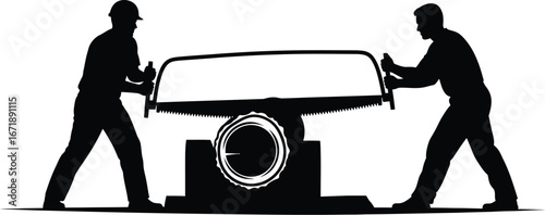 Silhouette of two men sawing wood with a frame saw vector art