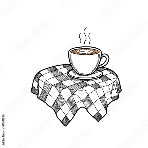 Cappuccino cup on checkered tablecloth with steam rising  