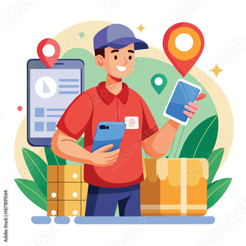 Delivery person holding tablet surrounded by packages and location pins illustrating logistics and shipping services