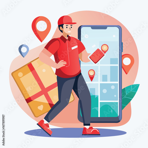 Delivery person with package and smartphone displaying map for efficient logistics and tracking services