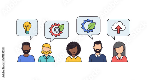 Diverse group of people engaging in thought with lightbulb and cloud speech bubbles. An illustration of collaborative thinking, innovation, and idea generation. The images symbolize teamwork, ideas.