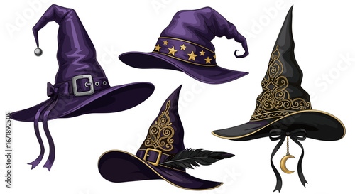 A collection of whimsical witch hats, each boasting unique and enchanting designs, perfect for adding a touch of magic to any Halloween scene.