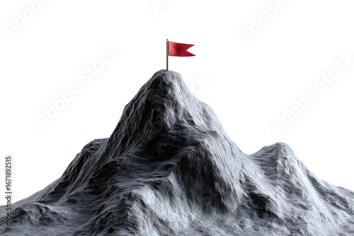 mountain peak with red flag at top symbolizing achievement and success isolated on white background