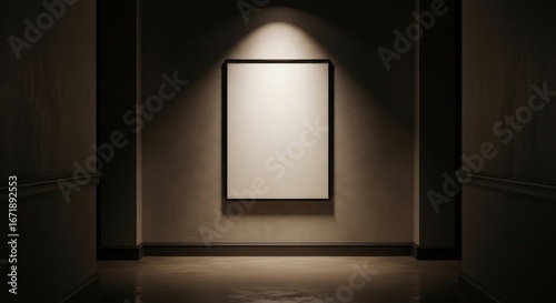 Minimalist gallery display featuring a blank illuminated canvas in a dim hallway