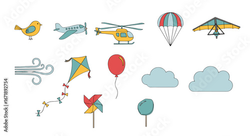 A collection of various flying objects and elements, including a bird, plane, helicopter, parachute, glider, wind element, kite, balloon, clouds and a pinwheel