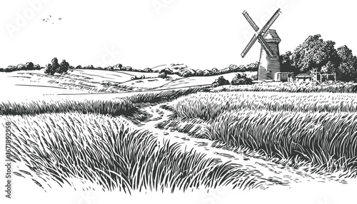 Rural farm landscape with tractor, Windmill and fields vector illustration