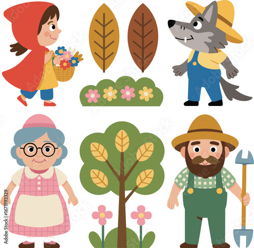 Cartoon Little Red Riding Hood characters, fairy tale scene, wolf in disguise, grandmother, woodsman, forest elements, vector illustration, animated, stylized, playful, expressive,